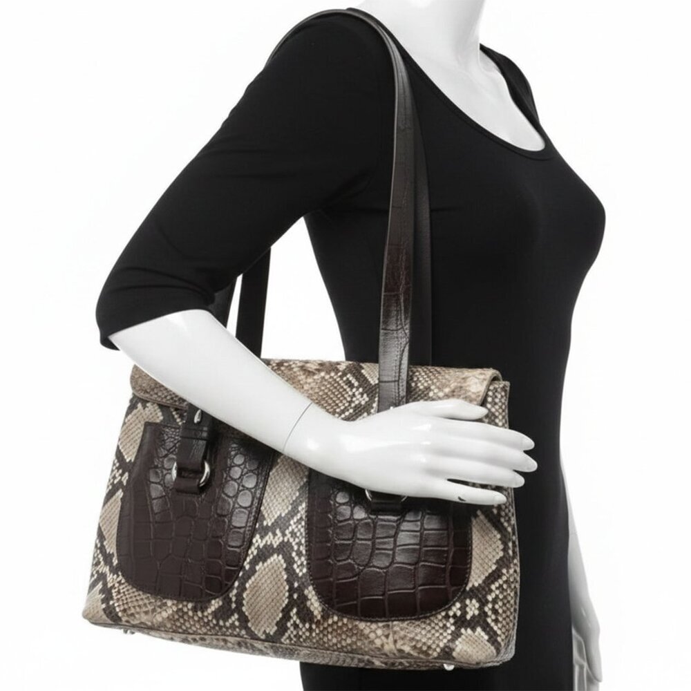 Colombo Via Della Spiga Leather Snakeskin Shoulder Bag Croc Embossed Italy Brown